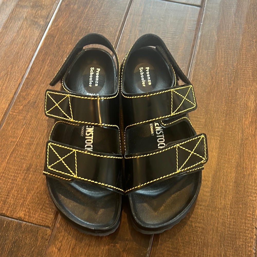 Birkenstock x Proenza Schouler Black Milano Sandals with Yellow Stitching